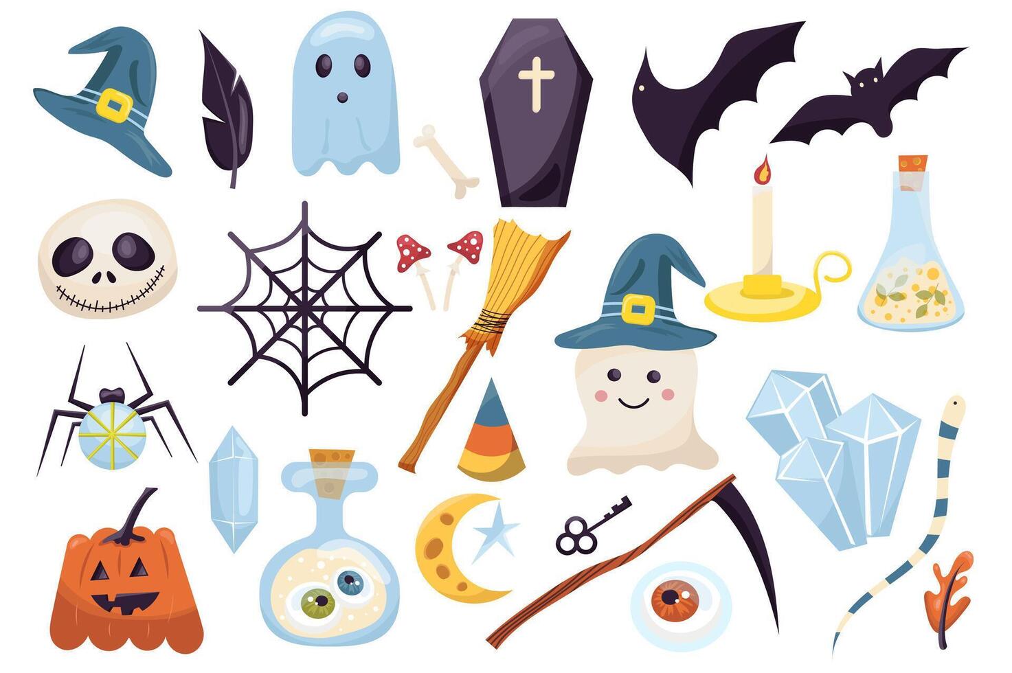 Halloween mega set in graphic flat design. Bundle elements of witch cap, raven feather, ghost, coffin, bat, pumpkin, fly agaric, broom, candle, potion and other. Vector illustration isolated stickers