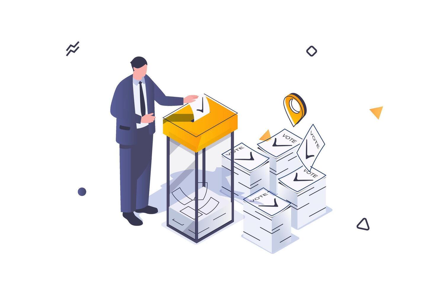 Election and voting concept in 3d isometric design. Man votes in democratic election and puts his ballot in box in confidential booth. Vector illustration with isometric people scene for web graphic