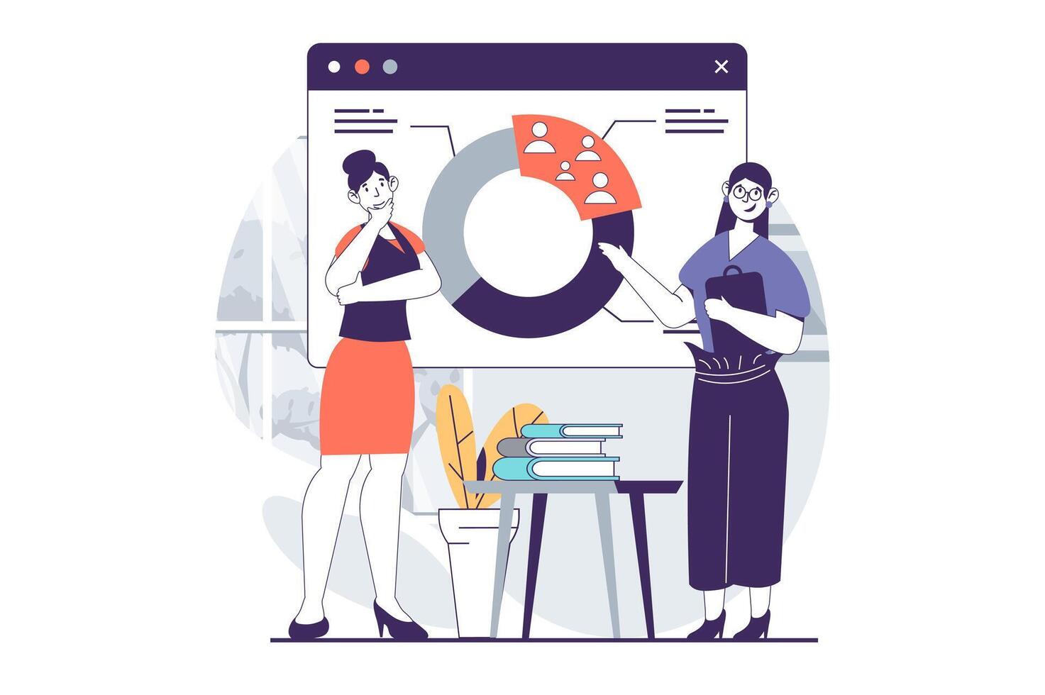 Focus group concept with people scene in flat design for web. Women works with pie chart presentation and analyzing target audience. Vector illustration for social media banner, marketing material.