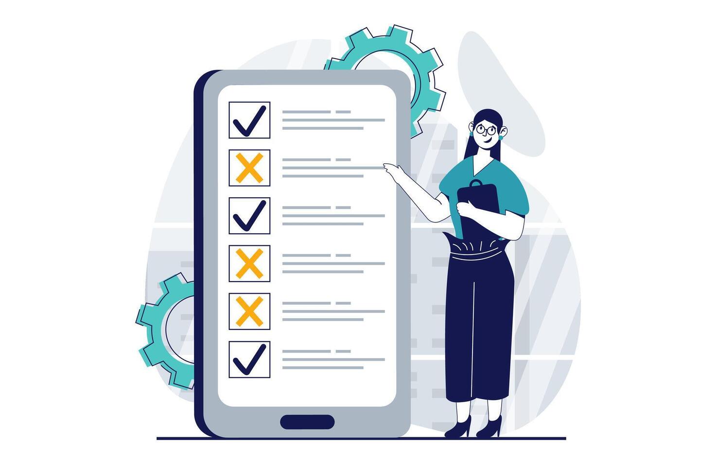 Online survey concept with people scene in flat design for web. Woman puts cross or tick in questionnaire or quiz on mobile phone. Vector illustration for social media banner, marketing material.