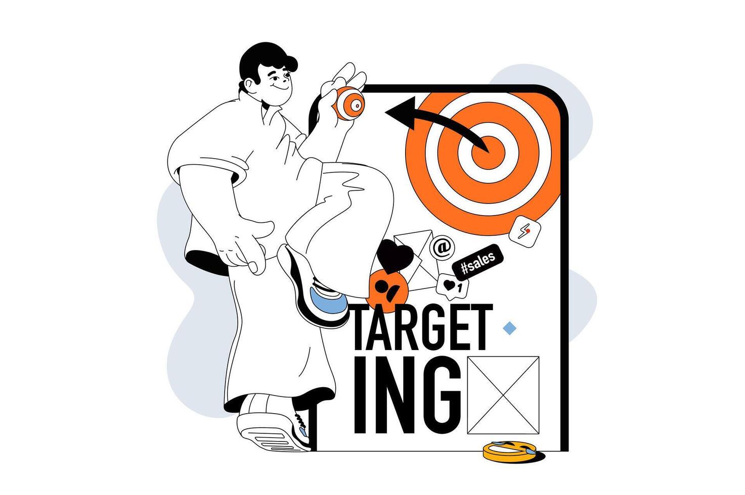 Targeting concept with people scene in flat line design for web. Man achieving goals, planning business strategy, developing career. Vector illustration for social media banner, marketing material.