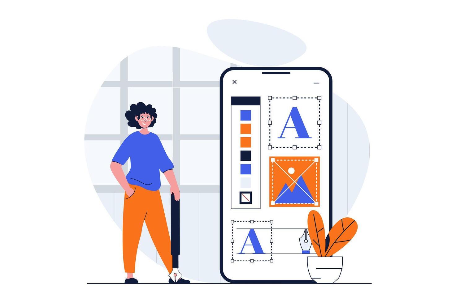 App development web concept with character scene. Man placing element and working with tools for mobile app. People situation in flat design. Vector illustration for social media marketing material.