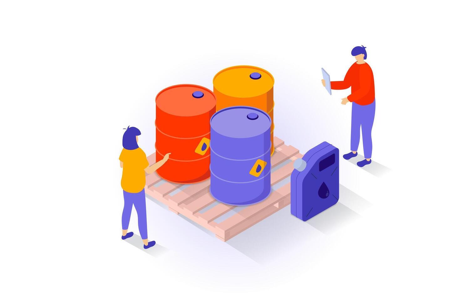 Oil industry concept in 3d isometric design. People workers at gasoline station by fuel barrels storage and benzine canister for refueling car. Vector illustration with isometry scene for web graphic