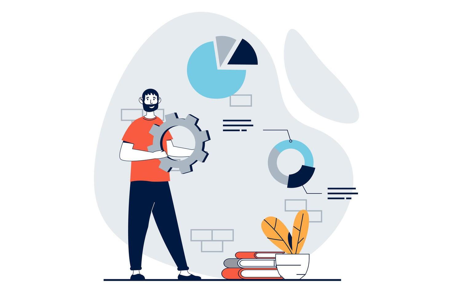 Data science concept with people scene in flat design for web. Man working with diagrams, making data visualization for optimization. Vector illustration for social media banner, marketing material.