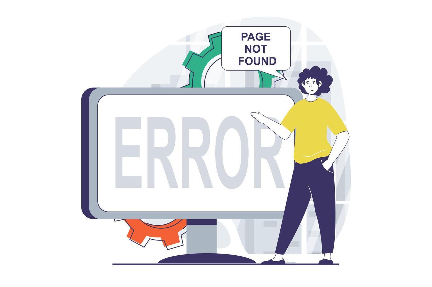 Page not found concept with people scene in flat design for web. Man points to screen with connection error and disconnect message. Vector illustration for social media banner, marketing material.