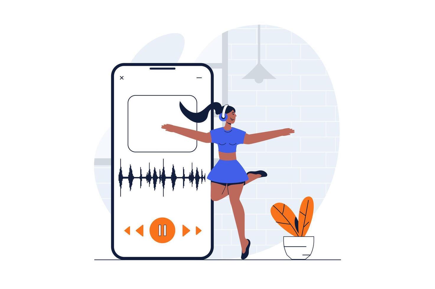 People dancing web concept with character scene. Woman enjoying dance in studio and training with mobile app. People situation in flat design. Vector illustration for social media marketing material.