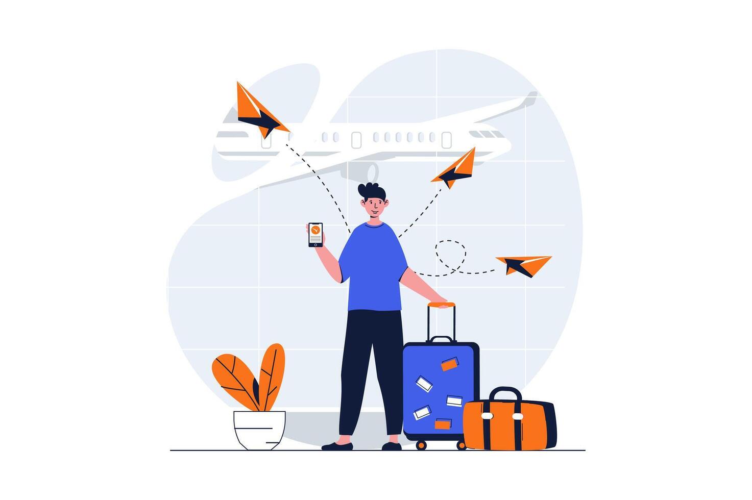 Travelling web concept with character scene. Man with suitcase waiting for flight on vacation in airport. People situation in flat design. Vector illustration for social media marketing material.