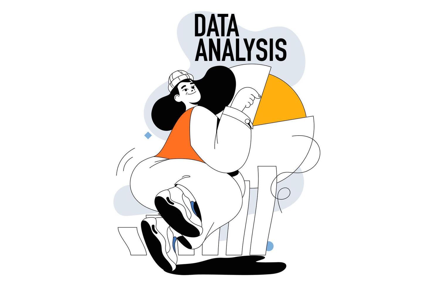 Data analysis concept with people scene in flat line design for web. Woman researching diagram and graphs, making financial report. Vector illustration for social media banner, marketing material.
