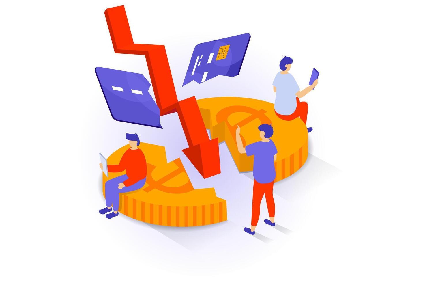 Unemployment and crisis concept in 3d isometric design. People crushing credit card and coin, loses savings, bankruptcy and financial problem. Vector illustration with isometry scene for web graphic