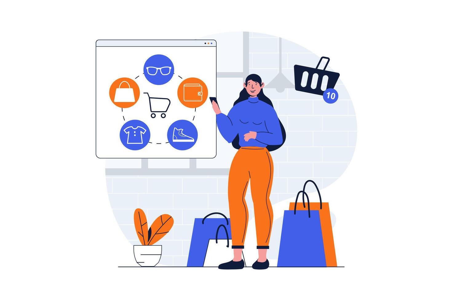 compras web concepto con personaje escena. mujer ordenando bienes a Tienda página web y haciendo negociar compras personas situación en plano diseño. vector ilustración para social medios de comunicación márketing material.