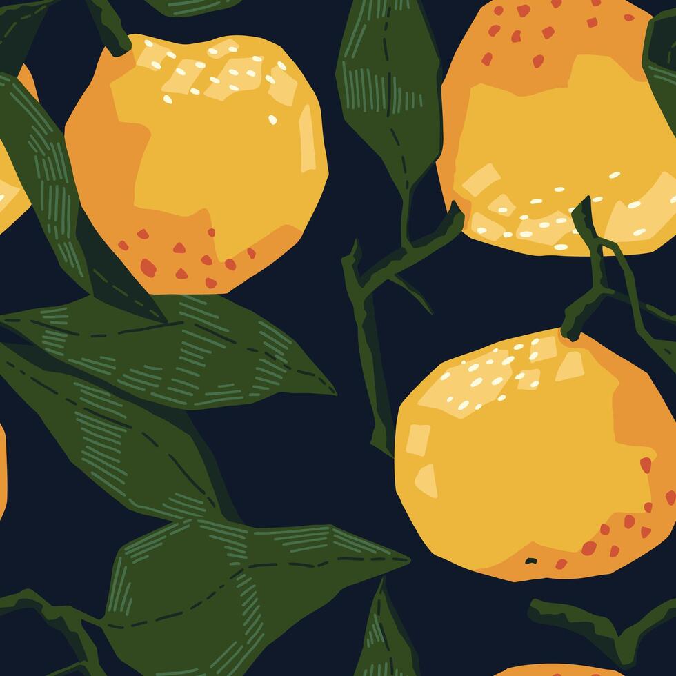 Seamless pattern of tangerines in modern geometric style. Vector illustration of citrus fruits. Mandarin oranges abstract ornament.