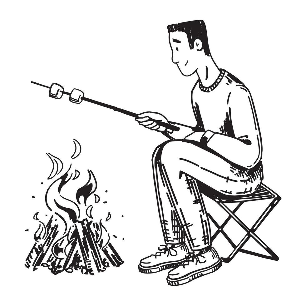 camper bosquejo, turista clipart. garabatear de un hombre es asado Malvaviscos por el fuego. mano dibujado vector ilustración en grabado estilo.