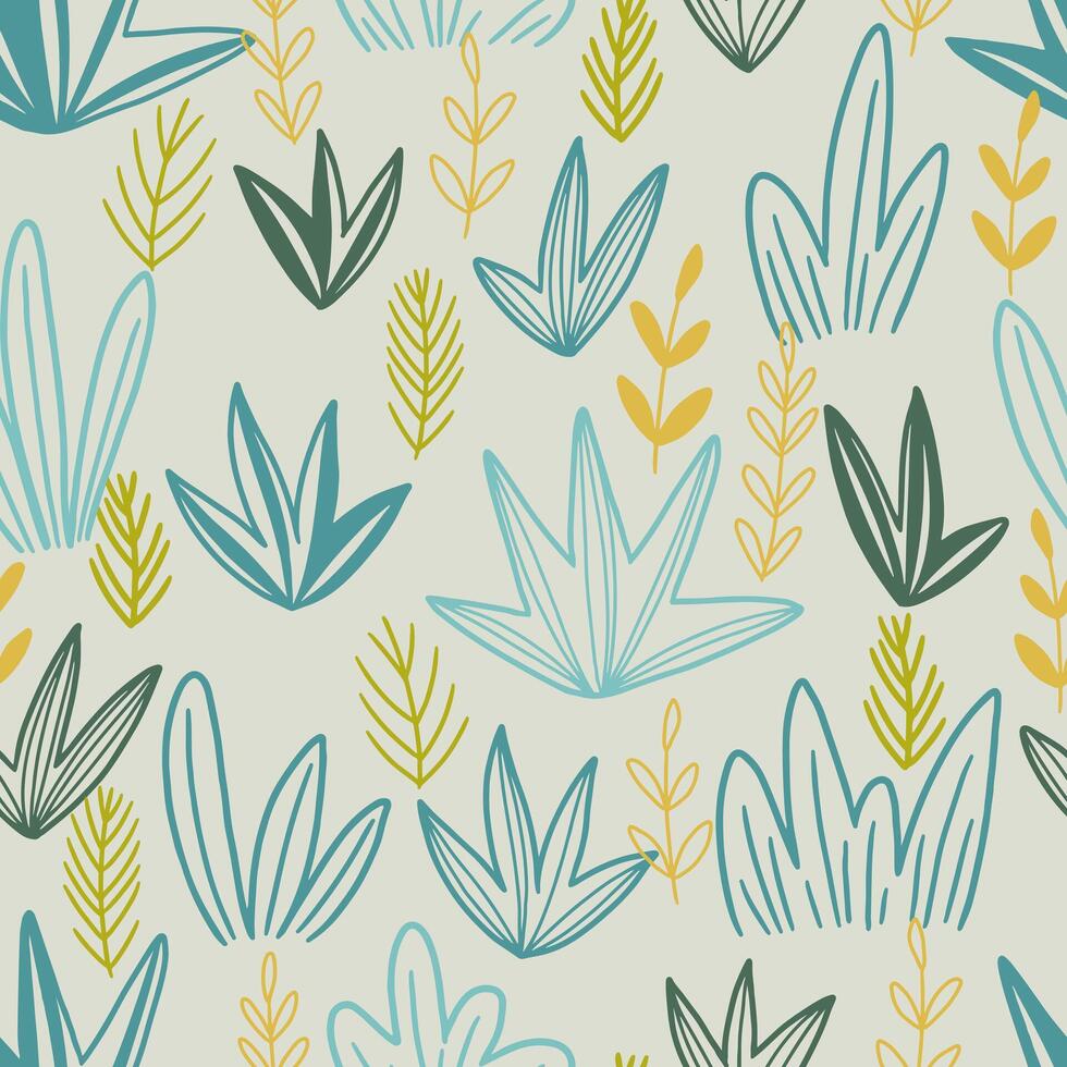 Floral hand drawn vector seamless pattern. Abstract background with branches, leaf, plants. Botanical ornament in doodles style.