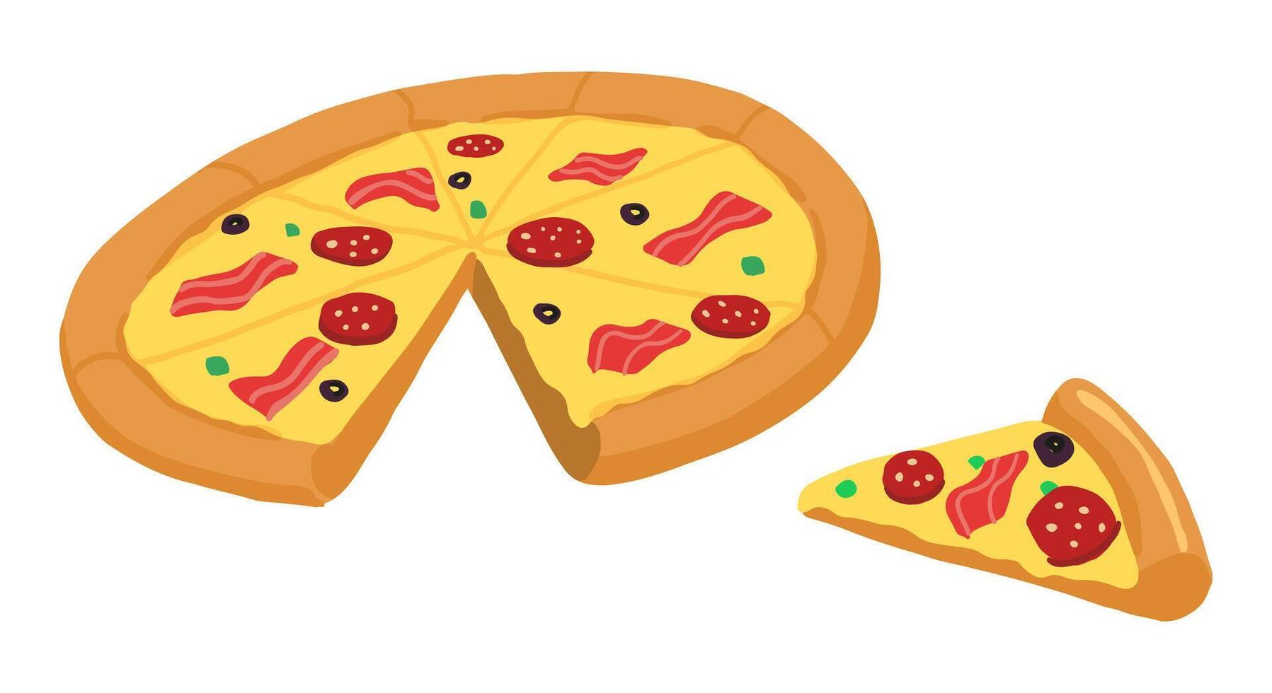 Tasty pizza pieces. Hand drawn vector illustration in flat style. Single fast food doodle. Cartoon clipart isolated on white background.