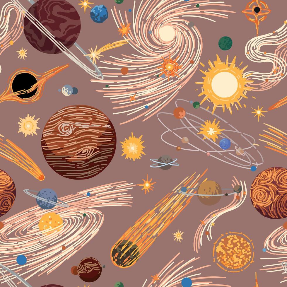 resumen cósmico espacio sin costura modelo. ornamento de planetas, estrellas, cometas, asteroides, galaxias mano dibujado vistoso vector ilustraciones.