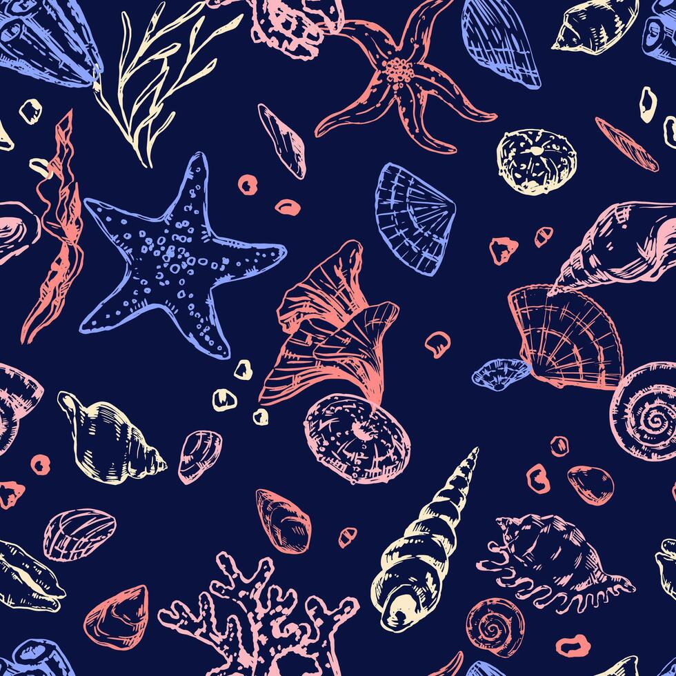 Abstract sea ornament. Sketches of starfishes, shells, stones, seaweed, coral. Vector seamless pattern of underwater life. Retro outline style design.