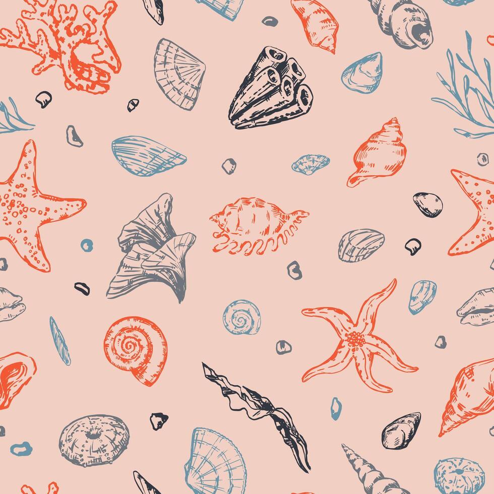 Abstract sea ornament. Sketches of starfishes, shells, stones, seaweed, coral. Vector seamless pattern of underwater life. Retro outline style design.