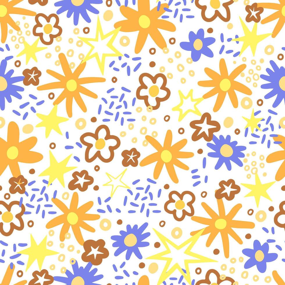 Cute flower doodles hand drawn vector seamless pattern. Colorful background in vintage style. Universal simple design for print, wallpaper, wrapping paper, card, textile, fabric, decoration.