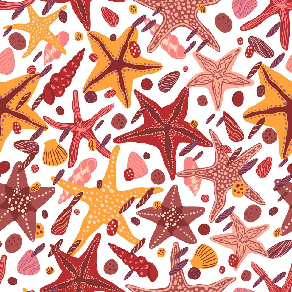 Starfishes, shells and stones flat hand drawn vector seamless pattern. Colorful wallpaper in scandinavian style. Summer sea background. Abstract design for prints, wrap, textile, fabric, decor, cards.