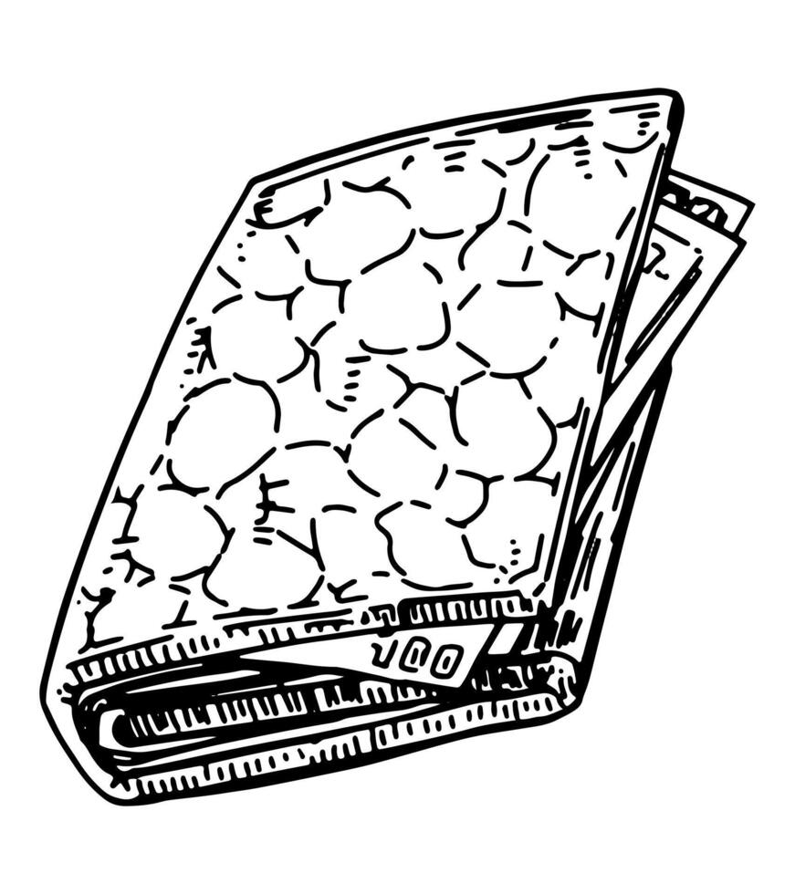 Leather wallet sketch. Hand drawn vector illustration of purse, pocket holder for money. Outline clipart isolated on white background.