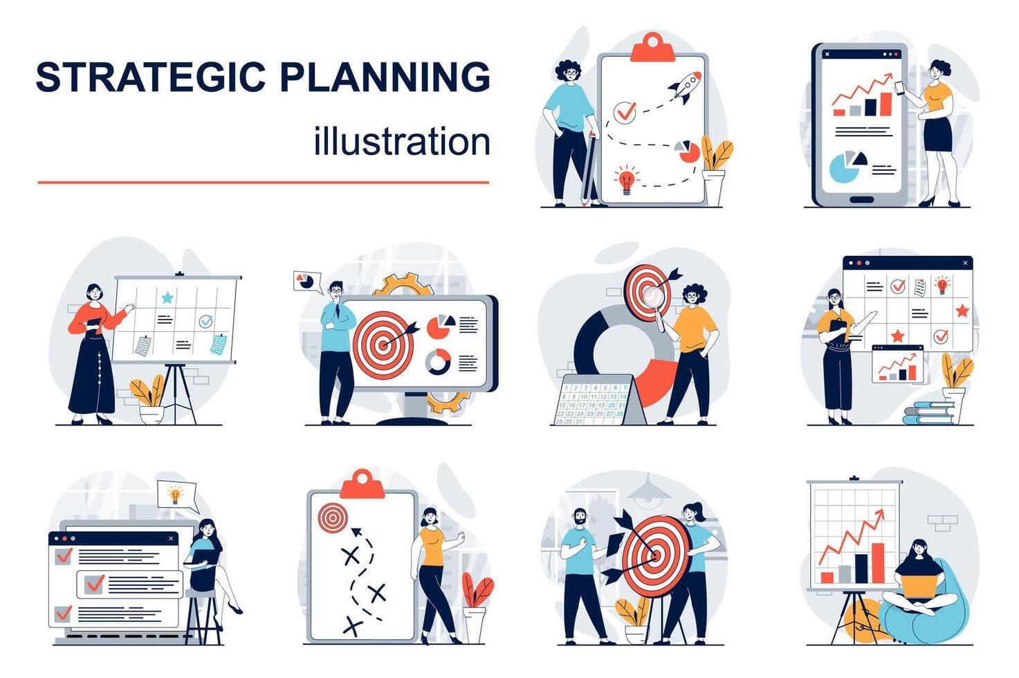 estratégico planificación concepto con personaje situaciones mega colocar. haz de escenas personas analizar datos Estadísticas, crear desarrollo plan, mejorando estrategia. vector ilustraciones en plano web diseño