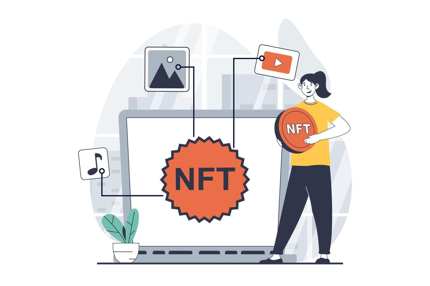 NFT token concept with people scene in flat design for web. Woman creating unique tokens for collectible artwork in virtual gallery. Vector illustration for social media banner, marketing material.