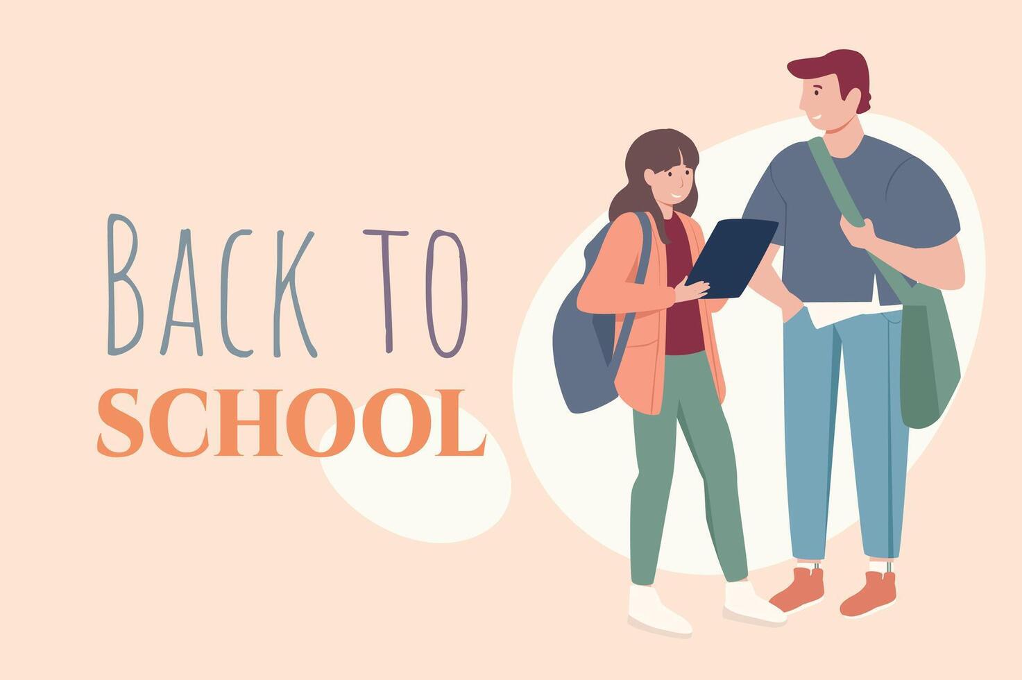 Back to school poster template in flat design. Banner layout with happy teens girl and boy with backpacks standing together. Classmate students going to lessons and learning. Vector illustration.