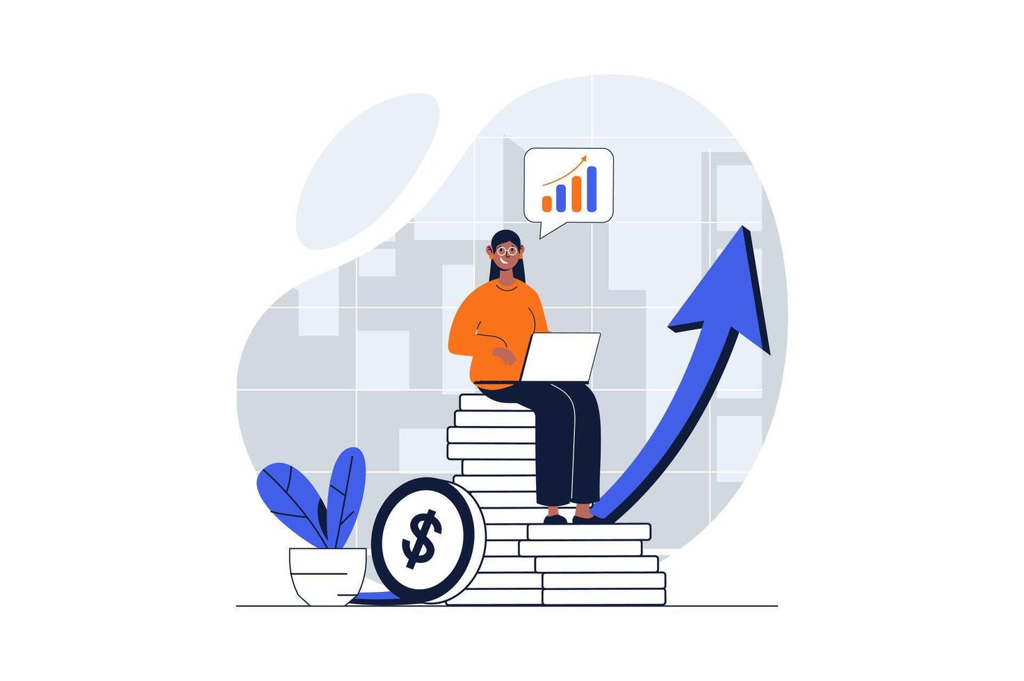 ventas actuación web concepto con personaje escena. mujer analizar financiero Estadísticas y incrementar ganancia. personas situación en plano diseño. vector ilustración para social medios de comunicación márketing material.