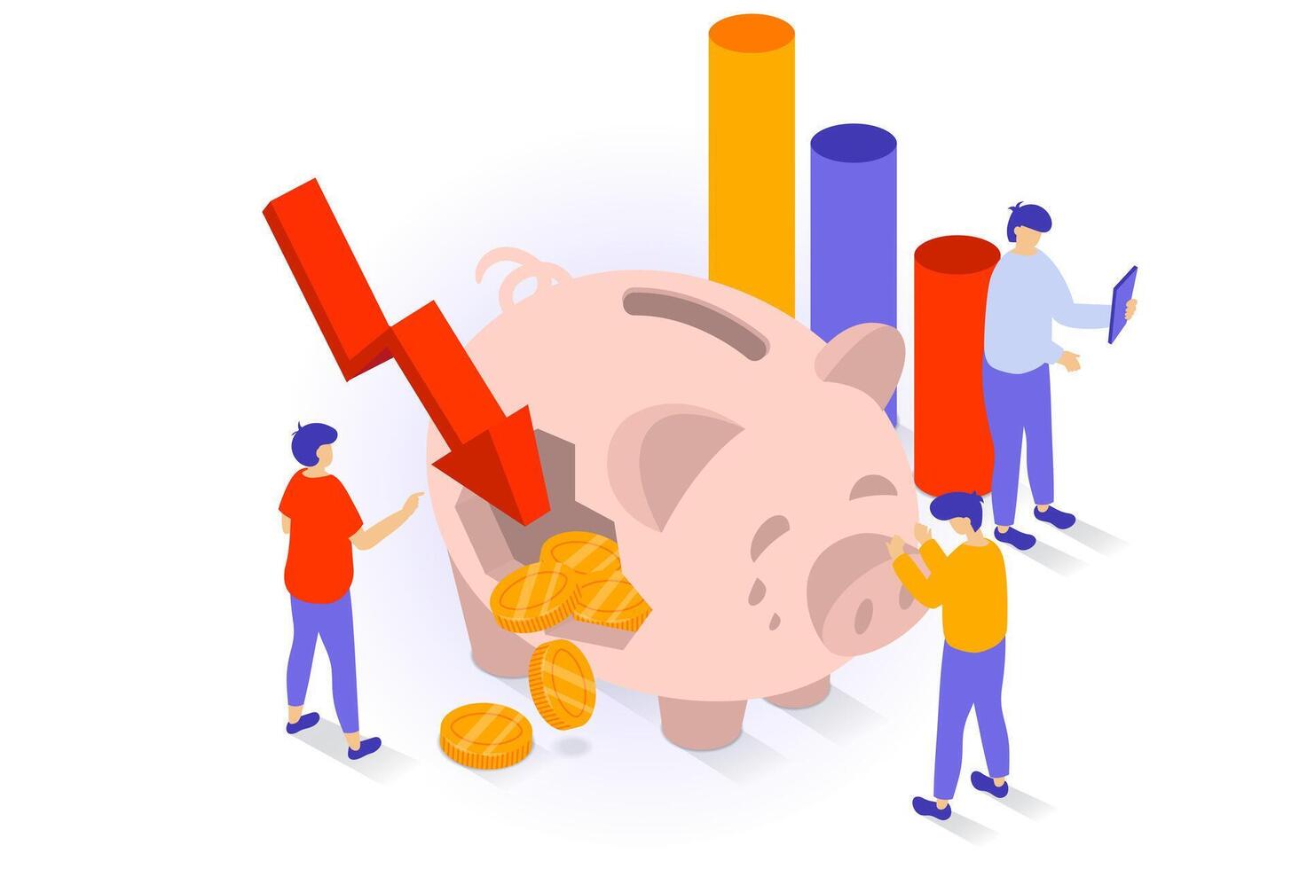 Unemployment and crisis concept in 3d isometric design. People have financial problems and money recession, break piggy bank and lose savings. Vector illustration with isometry scene for web graphic