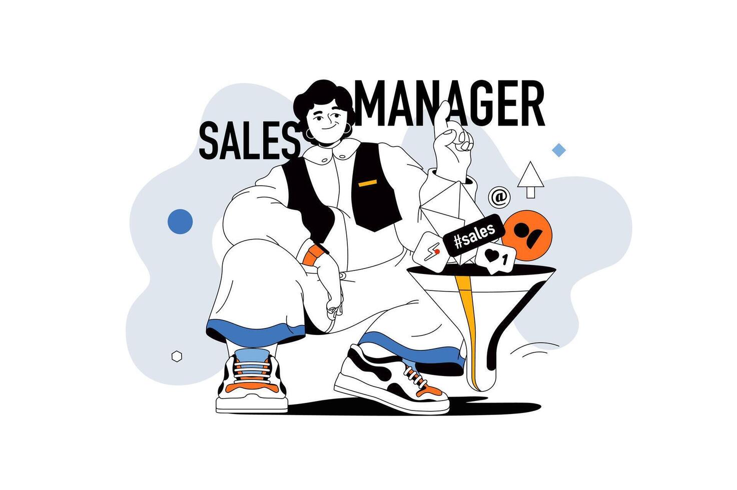 Sales manager concept with people scene in flat line design for web. Man uses marketing tools for increase profit and online promotion. Vector illustration for social media banner, marketing material.