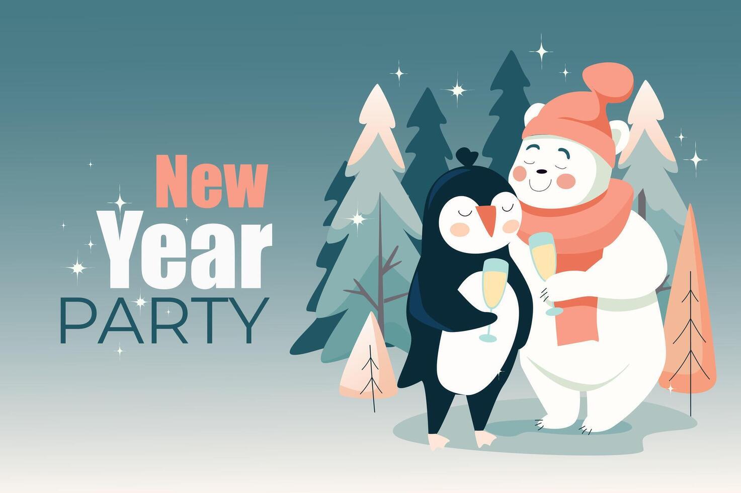 Winter holiday poster template in flat design. Banner layout to New Year and Christmas with happy animals couple drinking champagne. Polar bear and penguin celebrating in forest. Vector illustration.