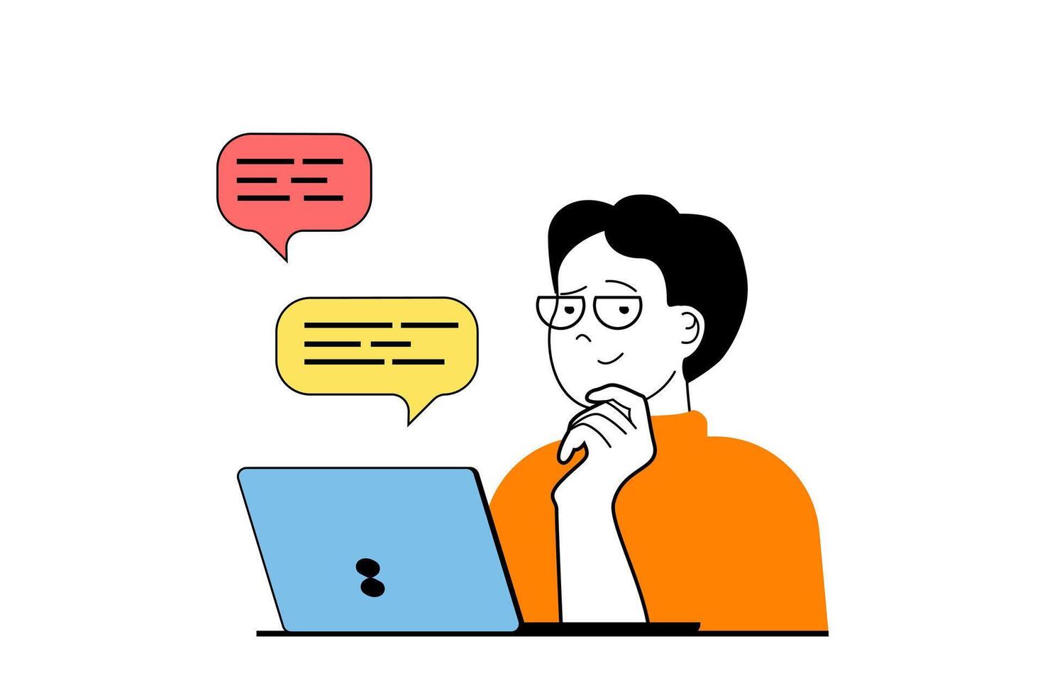 Freelance concept with people scene in flat web design. Man chatting with client and discussing tasks, working on project online. Vector illustration for social media banner, marketing material.