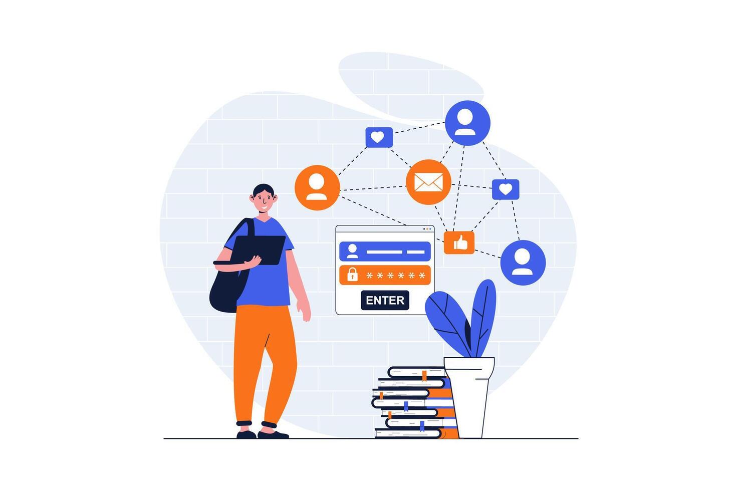 Social network web concept with character scene. Man login to personal account and communicating with friends. People situation in flat design. Vector illustration for social media marketing material.