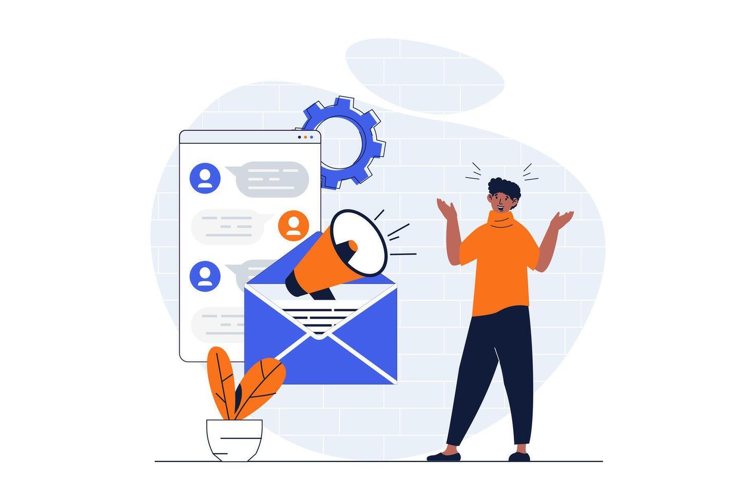 Email marketing web concept with character scene. Man making advertising in online chats and promo mailings. People situation in flat design. Vector illustration for social media marketing material.