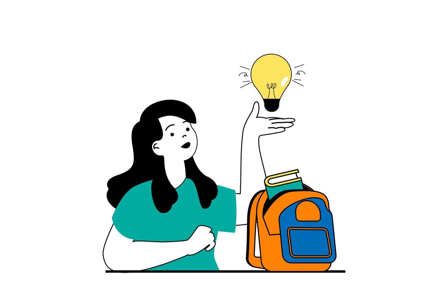 Education concept with people scene in flat web design. Young girl student brainstorming, preparing her backpack and books for lesson. Vector illustration for social media banner, marketing material.