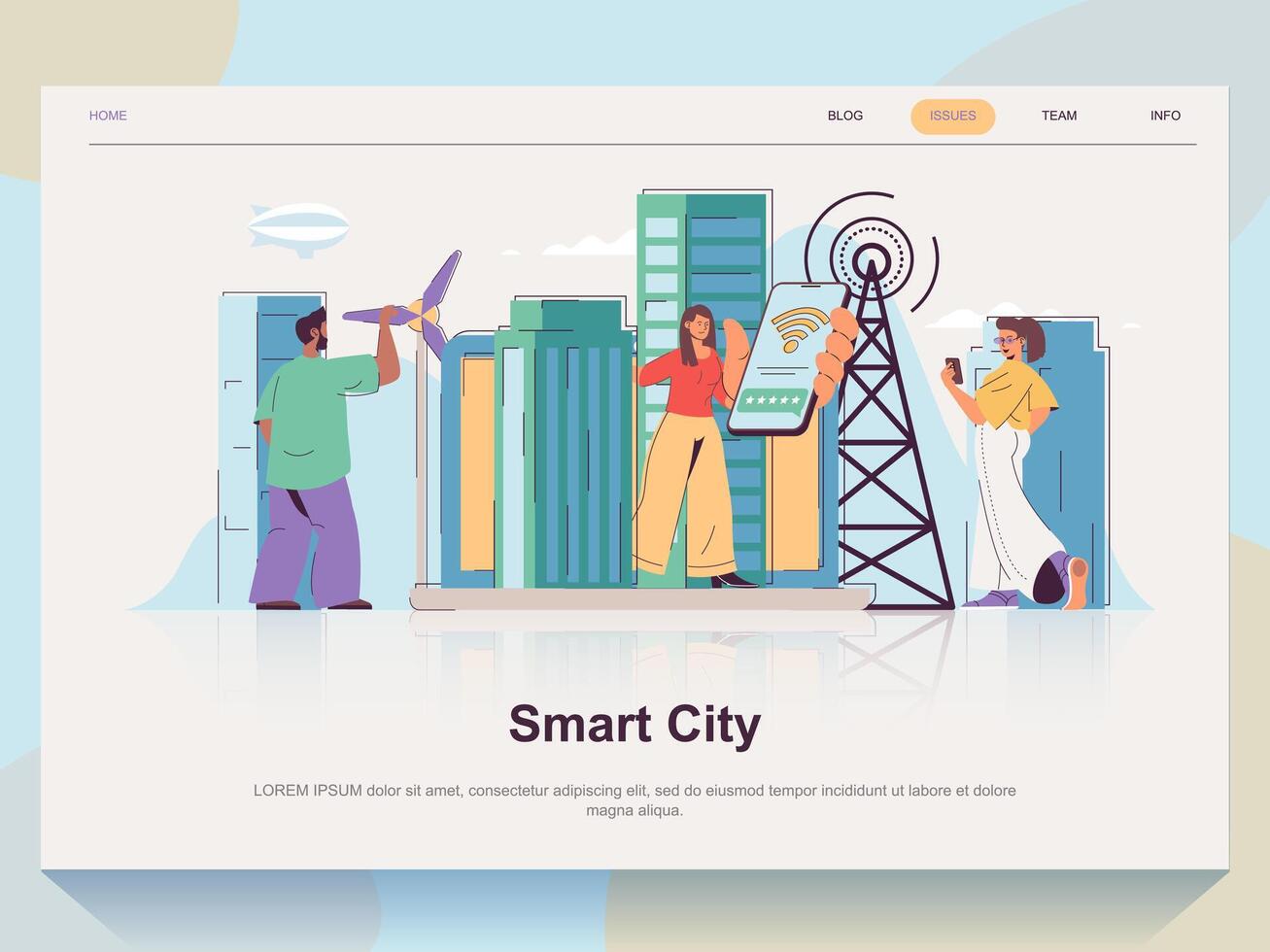 Smart city web concept for landing page in flat design. Man and woman using wireless technology and green energy and eco infrastructure. Vector illustration with people scene for website homepage