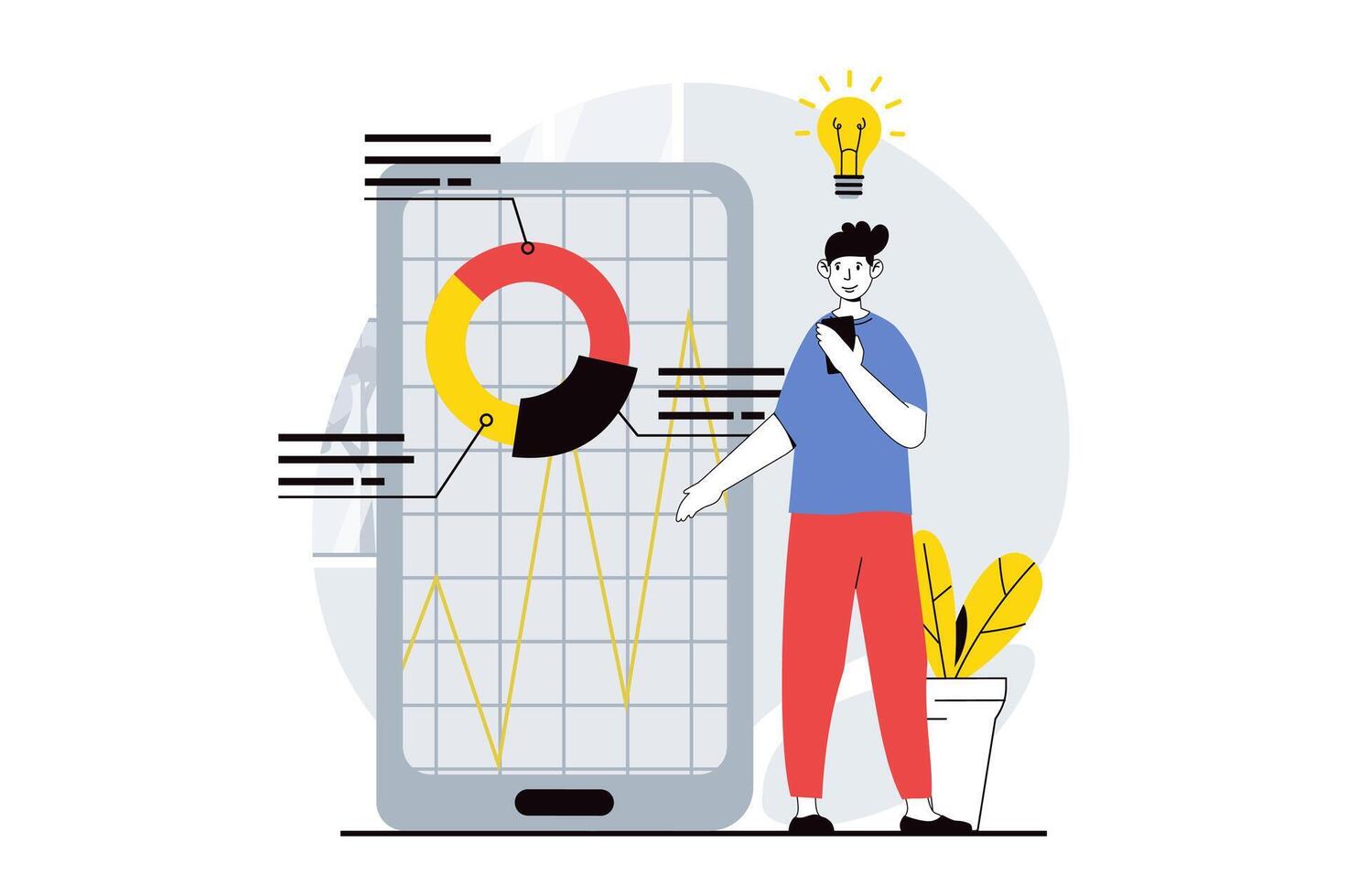 Data analysis concept with people scene in flat design for web. Man working with diagram, finding creative solutions for investment. Vector illustration for social media banner, marketing material.