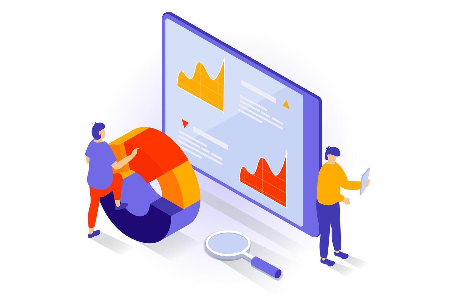 negocio y márketing concepto en 3d isométrica diseño. personas trabajando con datos estadística a diagramas, analizando presupuesto y creando estrategia. vector ilustración con isometria escena para web gráfico