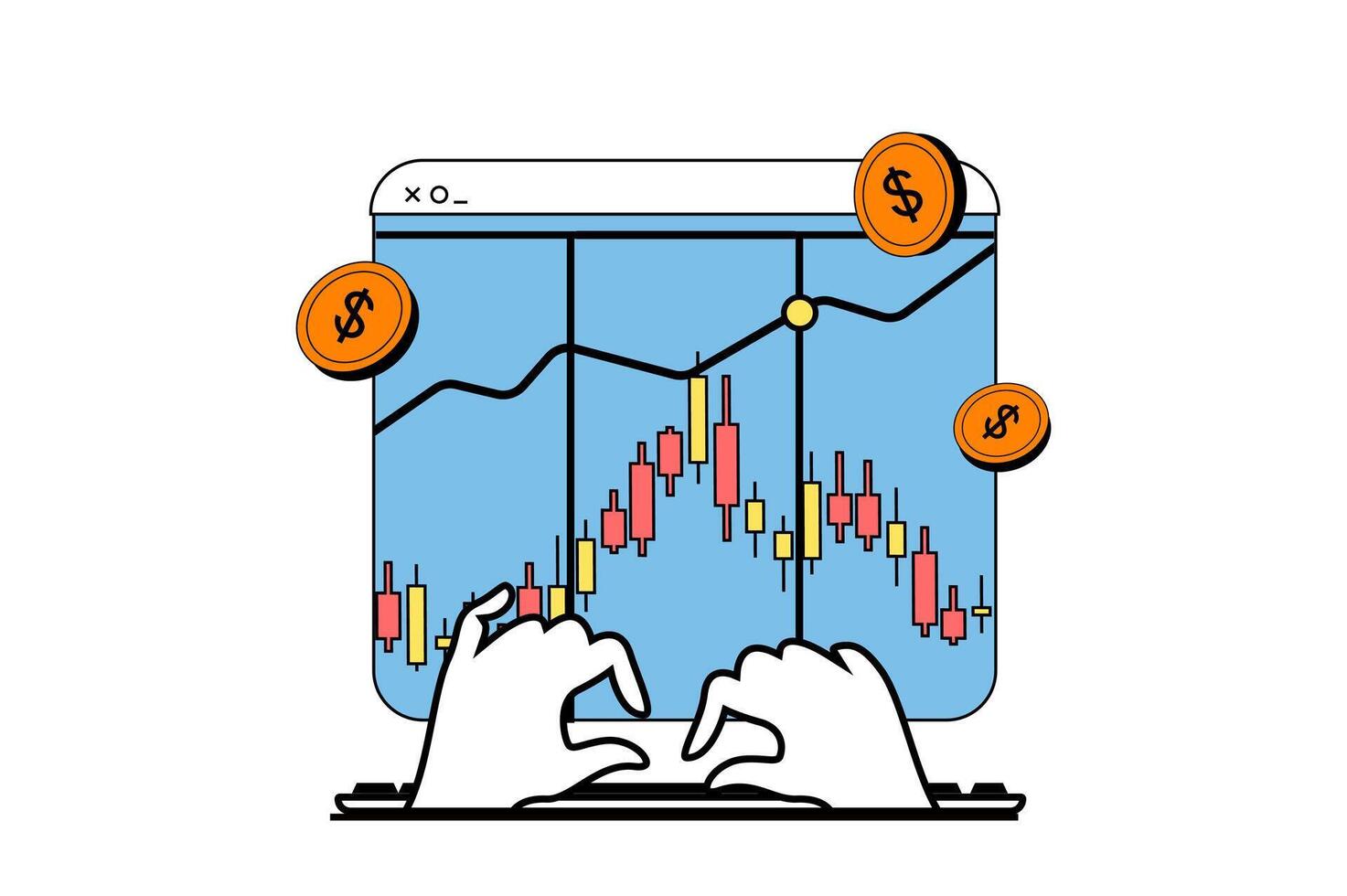 Finanzas concepto con personas escena en plano web diseño. financiero presupuesto teneduría de libros, calculador ingresos dinero y datos grafico análisis. vector ilustración para social medios de comunicación bandera, márketing material.