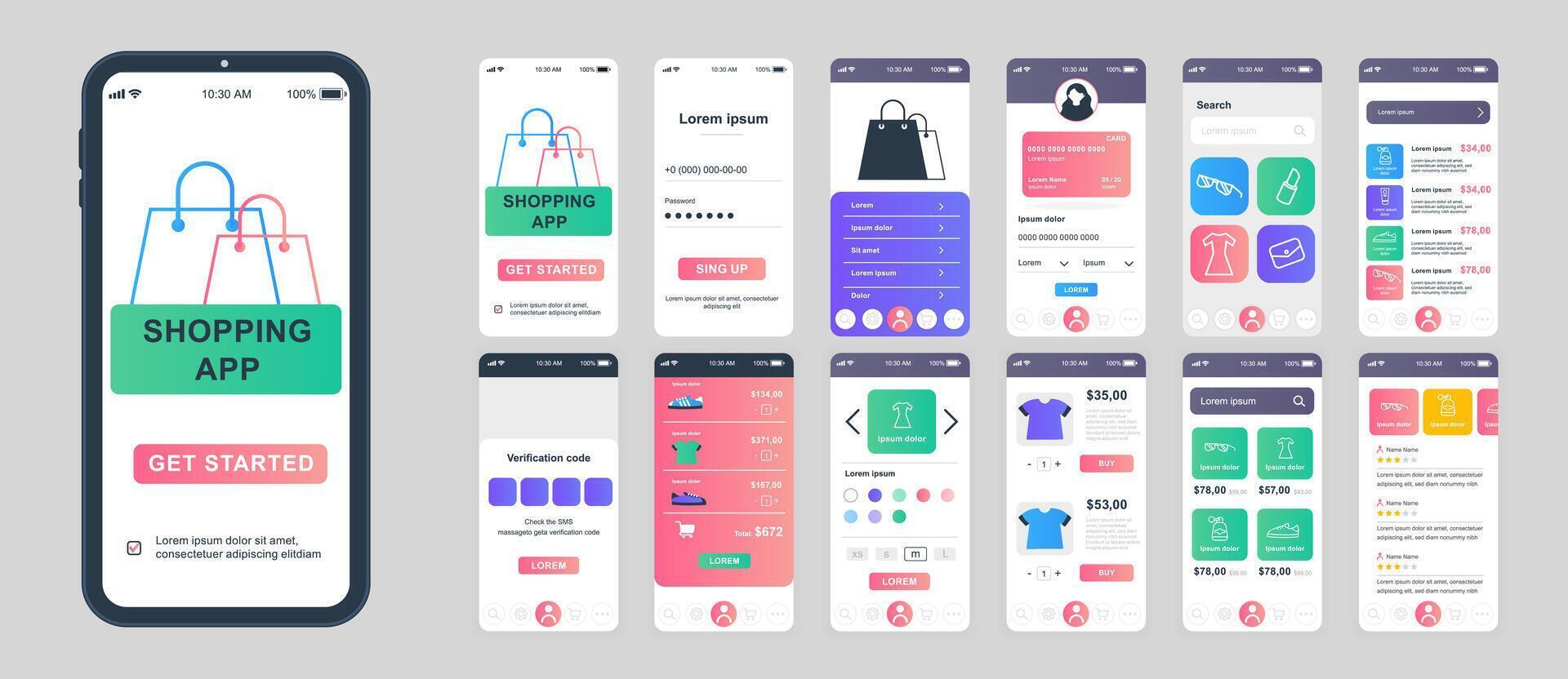 Shopping mobile app screens set for web templates. Pack of profile login, purchases list, online order, payment service, delivery. UI, UX, GUI user interface kit for cellphone layouts. Vector design