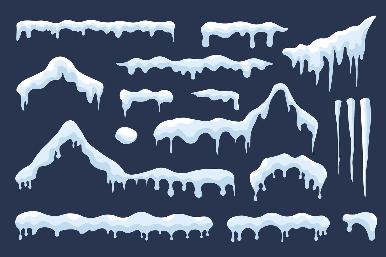 Snow ice caps mega set elements in flat design. Bundle of snowy ice and snowcaps with frozen icicles on house roof shapes, freeze borders with drip effect. Vector illustration isolated graphic objects