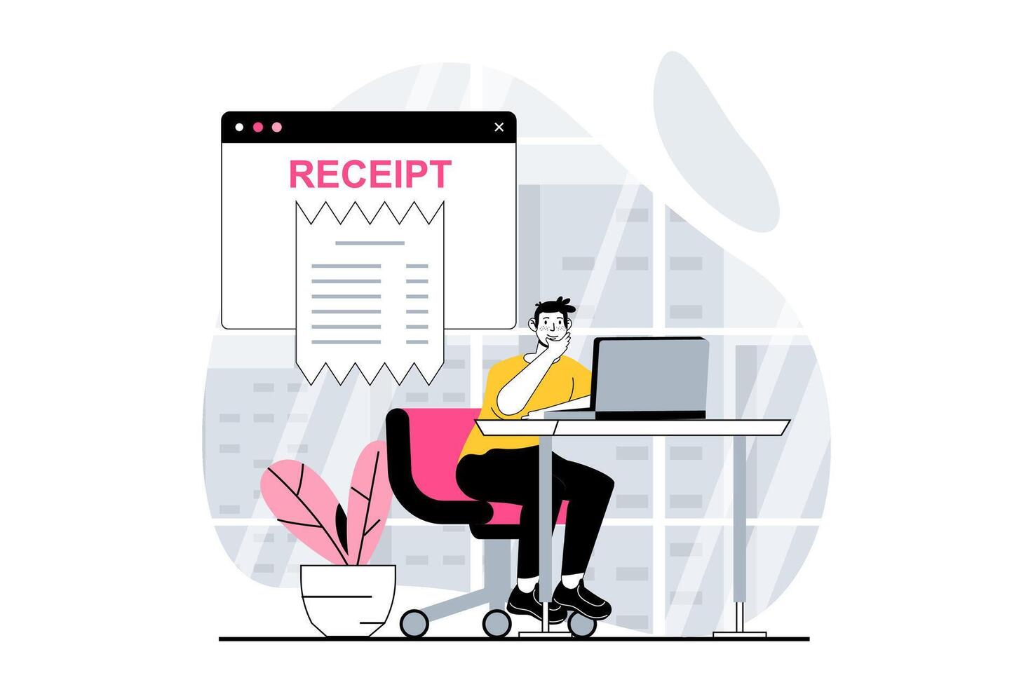 Electronic receipt concept with people scene in flat design for web. Man researching digital check with online paying for purchases. Vector illustration for social media banner, marketing material.
