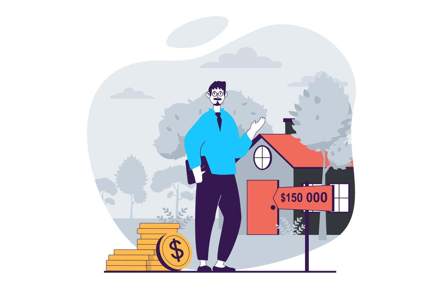 Real estate concept with people scene in flat design for web. Man realtor showing house with bargain price with banking insurance. Vector illustration for social media banner, marketing material.