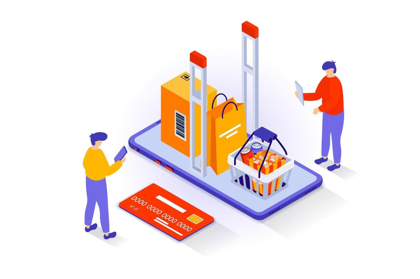 en línea compras concepto en 3d isométrica diseño. personas adquisitivo comida en supermercado página web con embalaje entrega, pagar crédito tarjeta. vector ilustración con isometria escena para web gráfico