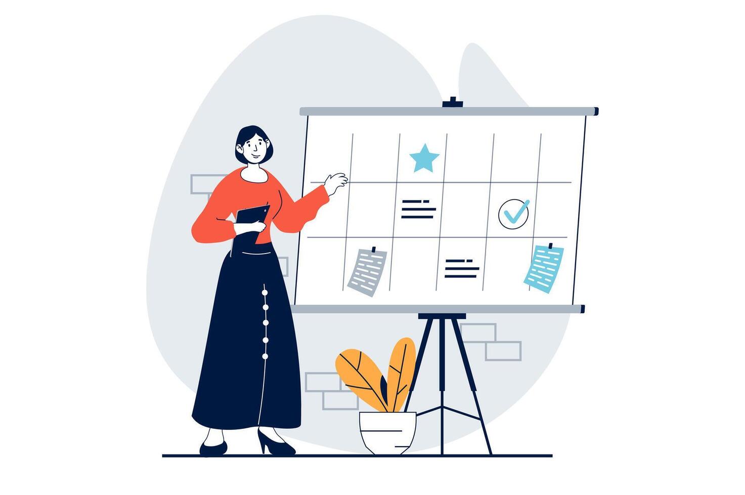 Strategic planning concept with people scene in flat design for web. Woman scheduling tasks and workflow organisation in calendar. Vector illustration for social media banner, marketing material.