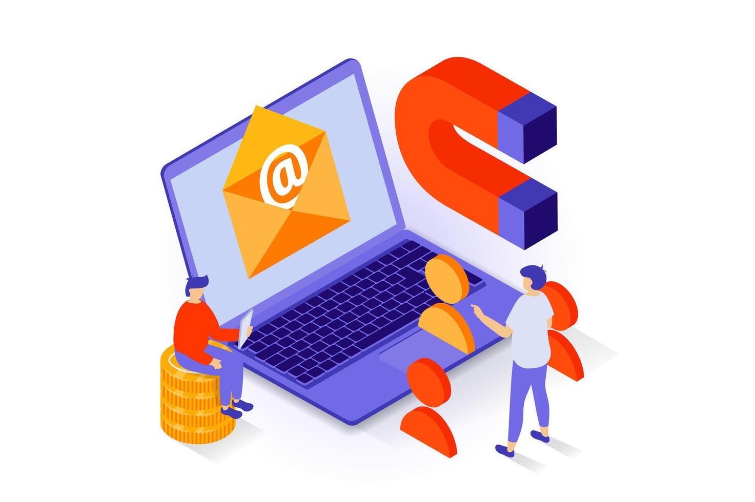 Business and marketing concept in 3d isometric design. People working and developing company, making email promotion, attracting new customers. Vector illustration with isometry scene for web graphic