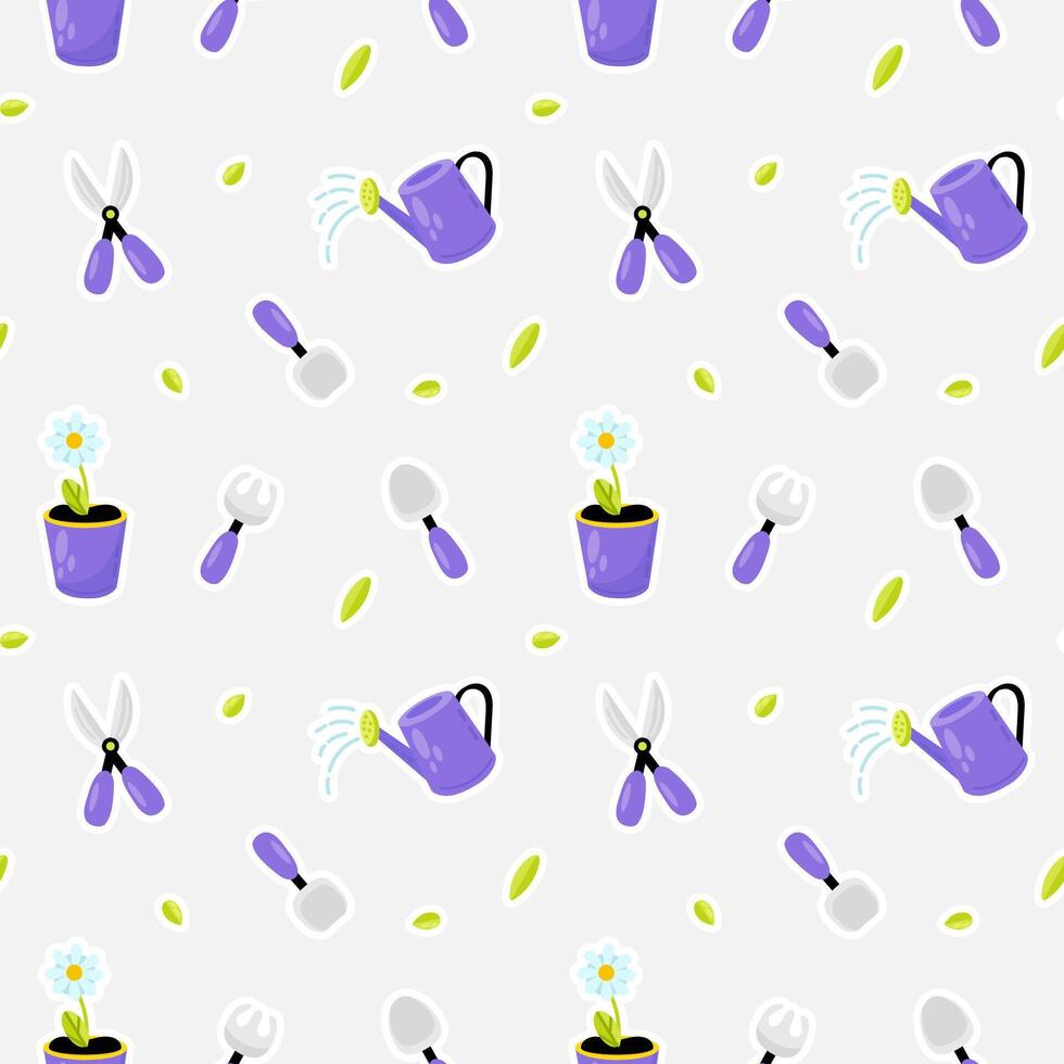 Seamless pattern with gardening tools and flowers. Vector illustration.