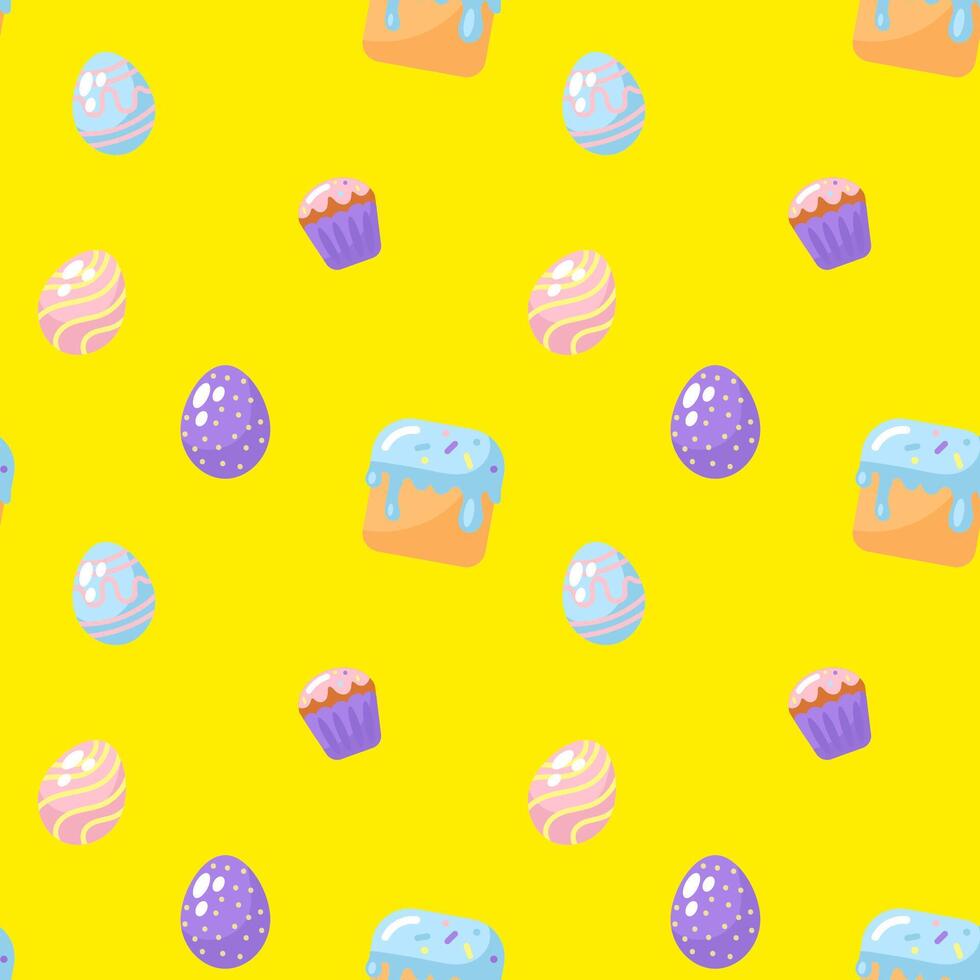 Happy easter seamless pattern with eggs and cake vector