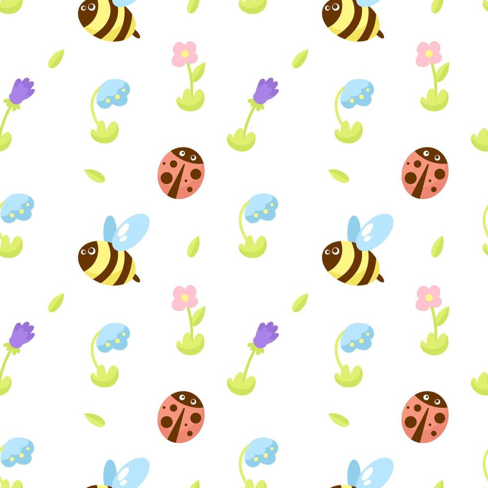 Seamless pattern with bees, ladybug and flowers vector