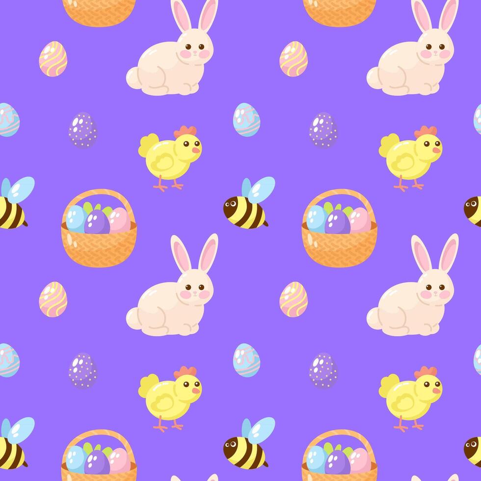 Easter seamless pattern with bunny, bee and eggs vector
